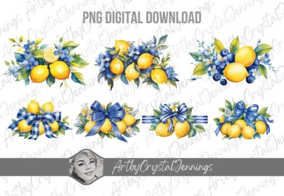 Download Blue Floral Lemon Watercolor Design PNG - Blue floral Collection