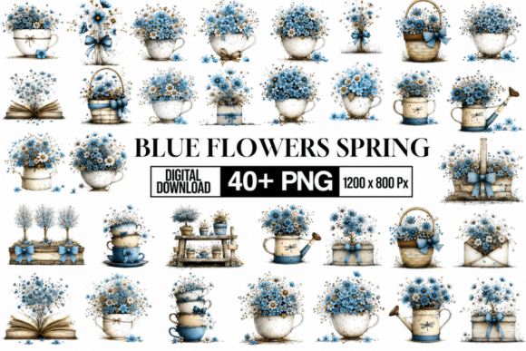 Download Whimsical Blue Floral Clipart Bundle - Blue floral Collection