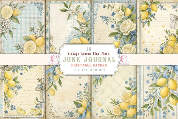 Download Vintage Lemon Blue Floral Junk Journal - Blue floral Collection