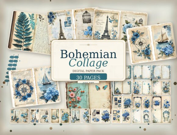 Download Vintage Blue Floral Journal Digital Pape - Blue floral Collection